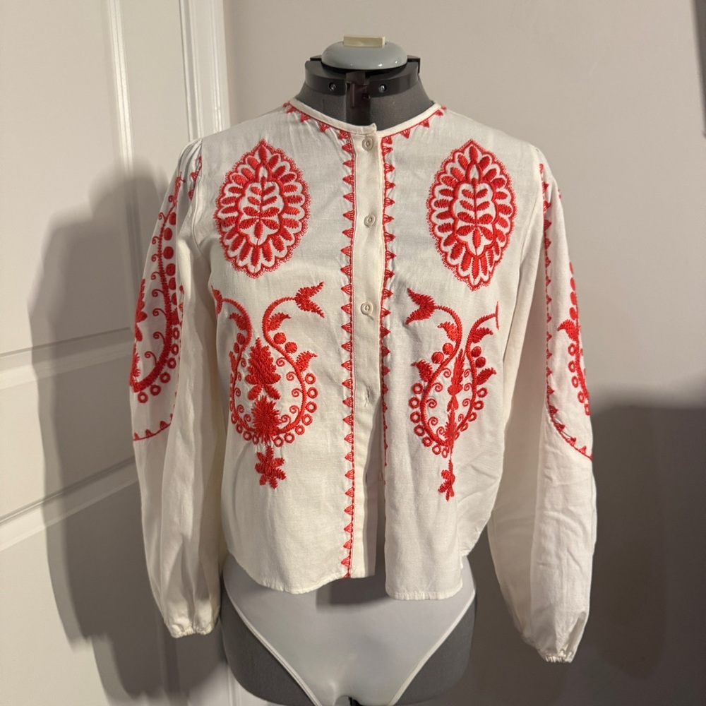 Zara White Blouse with Red Embroidery